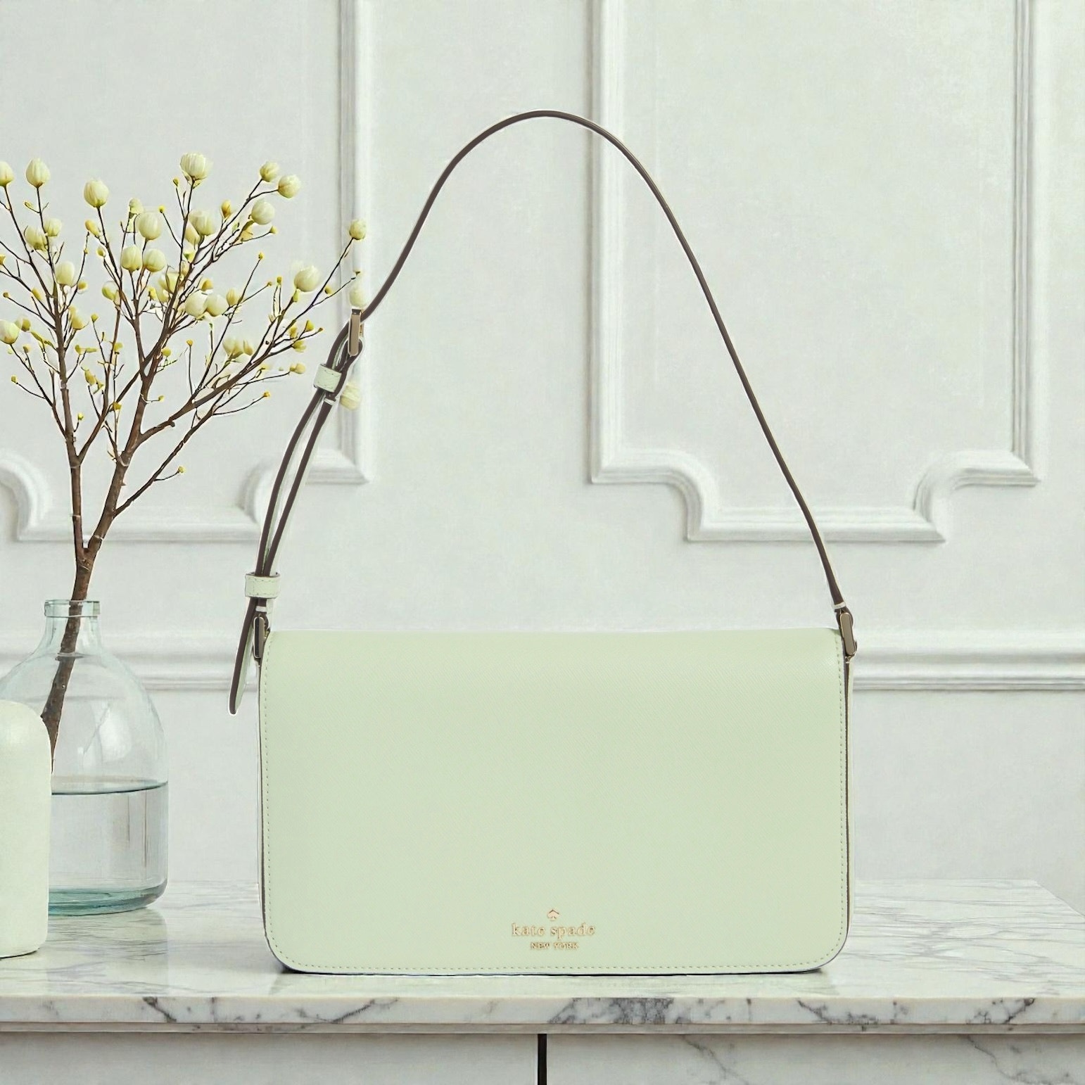 Kate Spade Staci Flap Shoulder Bag Purse In Light Olive Green Leather Kf371